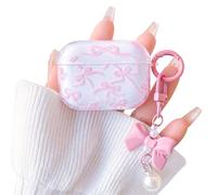 NITITOP Compatible for Airpods Pro Case Cute Clear Bow Ribbon Design with Bowknot Pearl Chain for Women Girls Soft TPU Shockproof Protective Cover - Pink