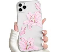 NITITOP Compatible with iPhone 11 Pro Max Case Clear Cute Flower Floral Lily Butterfly Pattern for Women Girls Transparent Full Camera Lens Soft TPU Shockproof Protective Phone Cover - Pink