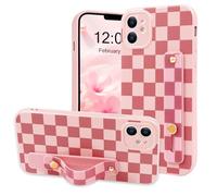 NITITOP Compatible with iPhone 12 Case Cute with Wrist Hand Strap Checkboard Checkered Pattern Aesthetic for Women Girls Plaid Adjustable Kickstand Protective Cover - Pink