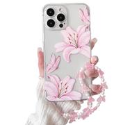 NITITOP Compatible with iPhone 12 Pro Case Clear Cute Flower Floral Lily Butterfly Pattern for Girls Women with Chain Wrist Strap Soft TPU Transparent Shockproof Protective Phone Cover - Pink