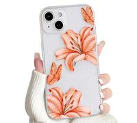 NITITOP Compatible with iPhone 13 Case Clear Cute Flower Floral Lily Butterfly Pattern for Women Girls Transparent Full Camera Lens Soft TPU Shockproof Protective Phone Cover - Orange