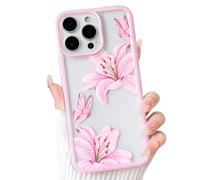 NITITOP Compatible with iPhone 13 Pro Case Clear Cute Floral Flower Lily Butterfly Pattern for Women Girls Transparent Pink Frame Soft TPU Shockproof Protective Phone Cover - Pink
