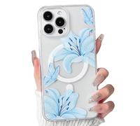 NITITOP Compatible with iPhone 13 Pro Max Case Clear Cute Compatible with MagSafe Floral Flower Lily Butterfly Pattern Magnetic Women Girls Hard PC Back Shockproof Protective Cover - Blue