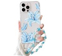 NITITOP Compatible with iPhone 13 Pro Max Case Clear Cute Flower Floral Lily Butterfly Pattern for Girls Women with Chain Wrist Strap Soft TPU Transparent Shockproof Protective Phone Cover - Blue