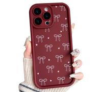 NITITOP Compatible with iPhone 14 Pro Max Case Cute Burgundy Bow Ribbon Love Heart Design Aesthetic Bowknot Pattern Women Girls Full Camera Soft Silicone Shockproof Protective Phone Cover - Wine Red