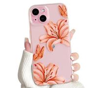 NITITOP Compatible with iPhone 15 Plus Case Clear Cute Flower Floral Lily Butterfly Pattern for Women Girls Transparent Full Camera Lens Soft TPU Shockproof Protective Phone Cover - Orange