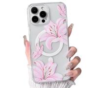 NITITOP Compatible with iPhone 15 Pro Case Clear Cute Compatible with MagSafe Floral Flower Lily Butterfly Pattern Magnetic Women Girls Hard PC Back Shockproof Protective Cover - Pink