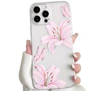 NITITOP Compatible with iPhone 15 Pro Case Clear Cute Flower Floral Lily Butterfly Pattern for Women Girls Transparent Full Camera Lens Soft TPU Shockproof Protective Phone Cover - Pink
