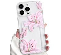 NITITOP Compatible with iPhone 15 Pro Case Clear with Card Holder Cute Flower Floral Lily Butterfly Pattern for Women Girls Wallet Case Soft TPU Shockproof Protective Cover - Pink