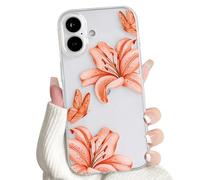 NITITOP Compatible with iPhone 16 Case Clear Cute Flower Floral Lily Butterfly Pattern for Women Girls Transparent Full Camera Lens Soft TPU Shockproof Protective Phone Cover - Orange