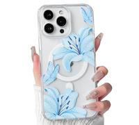 NITITOP Compatible with iPhone 16 Pro Case Clear Cute Compatible with MagSafe Floral Flower Lily Butterfly Pattern Magnetic Women Girls Hard PC Back Shockproof Protective Cover - Blue