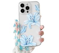 NITITOP Compatible with iPhone 16 Pro Case Clear Cute Flower Floral Lily Butterfly Pattern for Girls Women with Chain Wrist Strap Soft TPU Transparent Shockproof Protective Phone Cover - Blue
