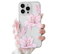 NITITOP Compatible with iPhone 16 Pro Case Clear Cute Flower Floral Lily Butterfly Pattern for Girls Women with Chain Wrist Strap Soft TPU Transparent Shockproof Protective Phone Cover - Pink