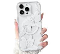 NITITOP Compatible with iPhone 16 Pro Max Case Clear Cute Compatible with MagSafe Floral Flower Lily Butterfly Pattern Magnetic Women Girls Hard PC Back Shockproof Protective Cover - White