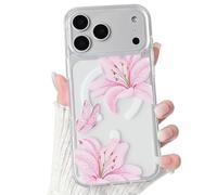 NITITOP Compatible with iPhone 17 Pro Case Clear Cute Compatible with MagSafe Floral Flower Lily Butterfly Pattern Magnetic Women Girls Hard PC Back Shockproof Protective Cover - Pink