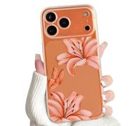 NITITOP Compatible with iPhone 17 Pro Case Clear Cute Flower Floral Lily Butterfly Pattern for Women Girls Transparent Full Camera Lens Soft TPU Shockproof Protective Phone Cover - Orange