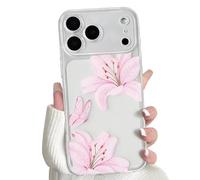 NITITOP Compatible with iPhone 17 Pro Max Case Clear Cute Flower Floral Lily Butterfly Pattern for Women Girls Transparent Full Camera Lens Soft TPU Shockproof Protective Phone Cover - Pink