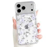 NITITOP Compatible with iPhone 17 Pro Max Case Magnetic Clear Cute Floral Flower Compatible with MagSafe Aesthetic for Women Girls Vintage Hard PC Back Shockproof Protective Cover - Purple