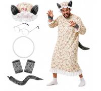 NITPOG 6 Pcs Wolf Grandma Costume Set Floral Nightgown Bonnet with Wolf Ears Glasses Pearl Necklace Furry Wrist Cuffs and Tail Funny Fairy Tale Halloween Outfit for Adults