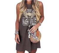 NITRFLA Women's Brown2 M Music City Mini Dress, Vintage Guitar Wings Graphic T-Shirt Dress, Sleeveless, High Waist, Knee-Length, Cotton Blend, Sizes M-L