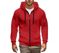 NITRY Men Hooded Pullover Sport Casual Solid Color Long Sleeved Sweatshirt Classic Trend Kangaroo Pocket Transition Jacket F-Red XL
