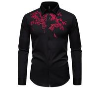 NITRY Men Long-Sleeved Shirts Regular Fit Embroidered Print Fashion T-Shirt Modern Business Casual Work Shirt F-Black S