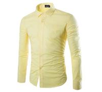 NITRY Men Long-Sleeved Shirts Regular Fit Lightweight Solid Color Fashion T-Shirt Modern Business Casual Work Shirt D-Yellow XL