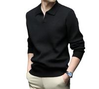 NITRY Men's Knitted Sweater Breathable Lapels Solid Color Long Sleeves Pullover Temperament Fashion Casual Knitwear B-Black XL