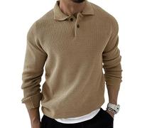 NITRY Men's Knitted Sweater Warm Comfortable Breathable Lapels Long Sleeves Pullover Temperament Casual Solid Color Knitwear W-Khaki XL