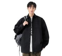 NITRY Men's Long-Sleeve Shirt Regular Fit Button Placket Lapels Shirts Classic Casual Fashion Solid Color Shirtjacket A-Black M