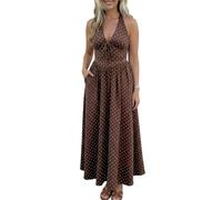 Nitzana Halter Dresses for Women 2026 Spring Summer Polka Dot Sleveless V Neck Maxi Smocked Casaul Long Dress with Pockets, Brown, XL