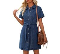 Nitzana Women's Denim Dress Summer Short Sleeve Jean Dress Button Down Denim Shirt Dresses with Pocket 2025 Outfits, Dark Blue, M