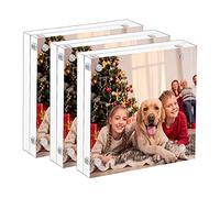 NIUBEE 5x5 Clear Acrylic Picture Frames 3 Pack, 20% Thicker Blocks Self Standing Magnetic Photo Frame, Desktop Card Display