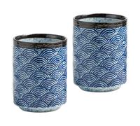 NIUKOMY Japanese Tea Cup without Handle, Set of 2, Chinese Ceramic Tea Cups for Tea, Coffee, Sushi Sake, Vintage Cup, Blue Porcelain with Traditional Wave Pattern, 275 ml