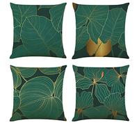 NIULAA Cushion Covers 40cm x 40cm Set of 4 Dark Green and Gold Leaf Cushion Cover 16x16 Living Room Linen Sofa Cushions Luxury Pillow Cases for Outdoor Garden