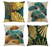 NIULAA Cushion Covers 50cm x 50cm Set of 4 Teal and Gold Leaves Cushion Cover 20x20 Inches Living Room Linen Sofa Cushions Luxury Pillow Cases for Outdoor Garden
