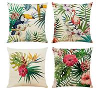 NIULAA Tropical Flowers Plants Cushion Covers Sets of 4 Decorative Linen Throw Pillow Cases 50cm x 50cm Flamingo Pillowcase 20x20 for Sofa Outdoor Garden Farmhouse