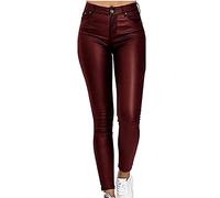 NIULI Women's Faux Leather Pants Straight High Waist PU Leather Leisure Y2K Retro Chic Elastic Leggings Sexy Stretch Push Up Biker Coated Leggings Slim Placket Genuine(Red wine,S)