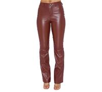 NIULI Women's Faux Leather Trousers, Petite Bootcut Leg Jeans PU Flared Trousers With Pockets, Leather-look Tights Winter Push-up Leggings(Red wine,S)