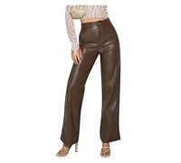 NIULI Women's Loose High Waist Faux Leather Trousers Elegant Long Plain Wide Leg Leisure PU Leather Trousers Windproof Waterproof Faux Leather Leggings Jogging Trousers(Brown,L)
