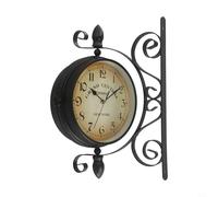 NiuLumea Antique Brown Double Sided Wall Clock, 8 Inch Wrought Iron Frame, Quiet Sweep Quartz Movement, Train Station Style Lobby Porch Corridor