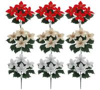 NiuLumea Artificial Christmas Poinsettia Bouquet, Realistic Silk Flowers with Glitter Wedding Home Outdoor Display, Vibrant for Red Gold Silver, 7 Branch