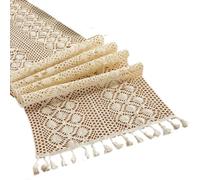 NiuLumea Boho Table Runner for Farmhouse Dining Bedroom Decor, Cotton Knitted Hollowed-Out Tablecloth with Tassels, Cream/Beige, 30x140/160/180cm
