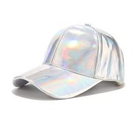 niumanery Women Men Faux Leather Baseball Cap Glitter Metallic Holographic Rainbow Reflective Hip Hop Adjustable Strapback Peaked Hat Silver