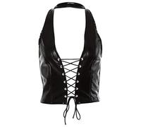 niumanery Women Punk Sleeveless Crop Top Halter Backless Faux Leather Lace-Up Hollow Vest Black M