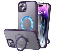 Niunisi Magnetic for iPhone 15 Plus Case with Stand, Invisible Ring Holder with Screen Protector Compatible with MagSafe Slim Frosted Matte Phone Case Cover 6.7-Inch (2023), Purple