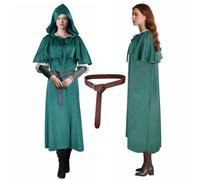 Niurui Renaissance Women Men Hooded Cape With Vintage Belt Medieval Cloak Hobbit Halloween Sorcerer Costume(Green)