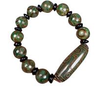 NIUSABOU Tianzhu Agate Bracelet, Triple 9 Eyes Dzi Bead Bracelet Green Onyx Natural Agate 4cm 1.4cm Belly 0.5mm Hole