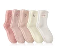 niusility 5 Pairs Fluffy Socks Womens, Cosy Pink Bed Socks for Women, Warm And Comfortable While Keeping Breathable, Featuring a Cute Heart Pattern, Suitable for Cold Weather Night Sleep Sockset