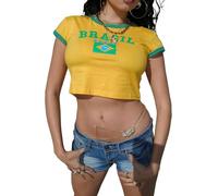 NIUVOO Baby T-Shirts for Women Short Sleeve Brazil Crop Top Slim Fit Graphic T-Shirts Top Vintage Baby Tee Going Out Streetwear Yellow